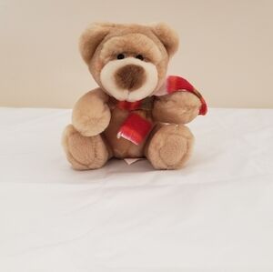 Vintage Russ Berrie Cubly Tan Teddy Bear with Red Scarf Collectable 5" Sitting